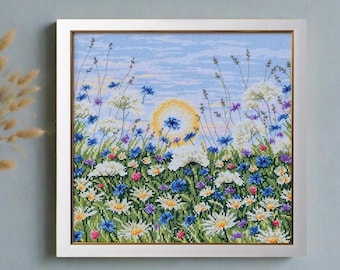 Kit de punto de cruz Amanecer con cuentas, Bordado de paisaje matutino, Tela blanca Diseño tranquilo