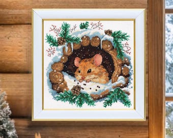 Kit de punto de cruz de ratón de invierno sobre Aida blanca de VDV Needlecraft