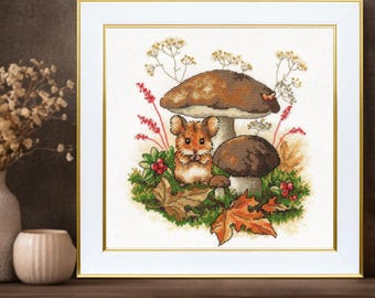 Hamster Under Mushroom Cross Stitch Kit on White Aida, VDV Woodland Design