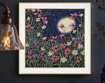 Kit de punto de cruz Luz de Luna con cuentas, bordado floral nocturno, tela blanca con diseño de ensueño