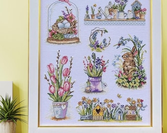 Kit de punto de cruz de muestrario de primavera con diseño floral de conejito y jardín