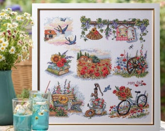 Kit de punto de cruz Summer Sampler con estampado de amapolas y motivos campestres VDV