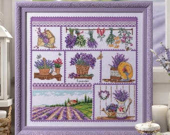 Kit de punto de cruz "Paraíso de Lavanda", lienzo blanco, decoración floral de granja de VDV