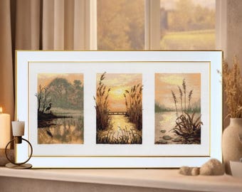 Kit de punto de cruz tríptico Niebla Matutina sobre lienzo blanco de VDV