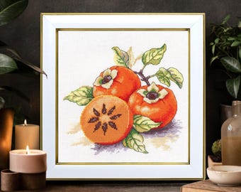 Kit de punto de cruz de caqui blanco, diseño botánico de decoración de cocina con frutas, diseño de bordado