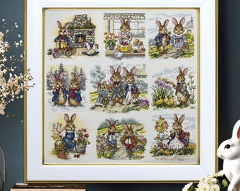 Kit de punto de cruz Family Sampler con patrón de conejito, kit de bordado para un hogar acogedor VDV