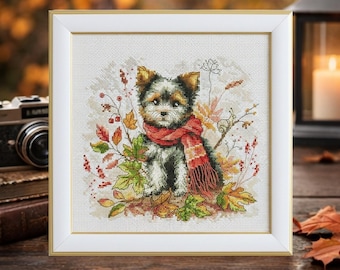 Kit de punto de cruz para perro Yorkshire Terrier, patrón de cachorro, kit de bordado de hojas de otoño VDV