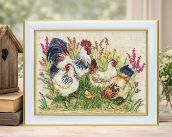 Kit de punto de cruz Familia de gallinas Aida blanca Escena de granja Decoración rústica Bordado