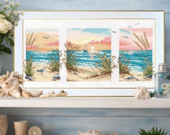 Kit de punto de cruz tríptico marino sobre lienzo blanco de VDV