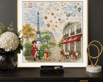 Paris Cross Stitch Kit Eiffel Tower Café Scene on White Aida by VDV