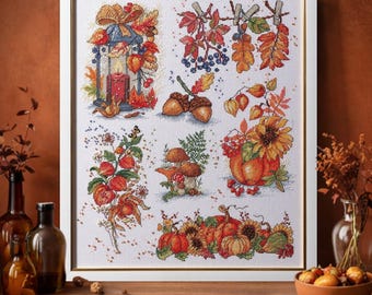 Kit de punto de cruz con diseño de hojas de otoño y calabazas. Kit de bordado de cosecha VDV