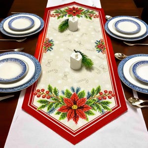 May include: A festive Christmas table setting featuring a cream-colored table runner with a red border and poinsettia design. The table is set with white plates with blue rims, silverware, and two white candle holders.