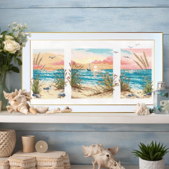 Sea Triptych Cross Stitch Kit on White Canvas by VDV