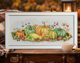 Kit de punto de cruz de cosecha de otoño, color blanco Aida, calabaza, decoración de cocina de temporada, bordado