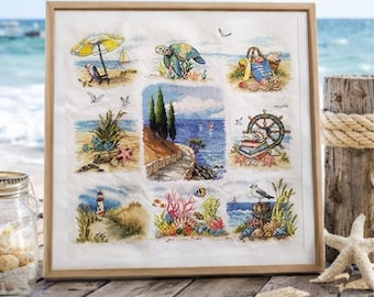 Kit de punto de cruz Sueño Azul Bordado de muestrario marino Diseño costero Decoración de playa Regalo DIY