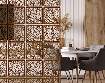Séparateur de pièce suspendu pour plus d'intimité dans l'appartement, paravent décoratif en bois, séparation murale suspendue avec motif feuilles tropicales
