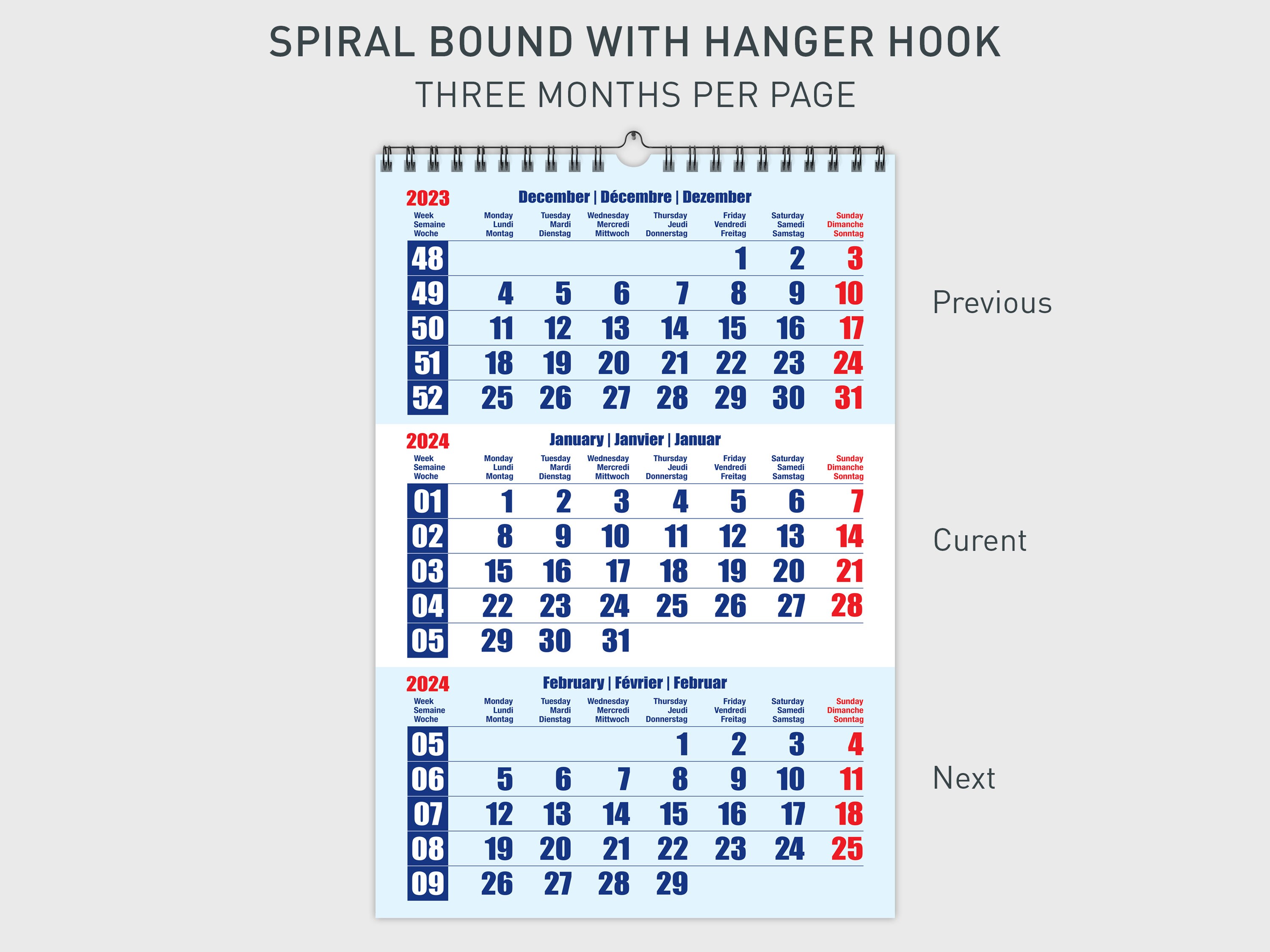 2024 Printable Wall Calendar, Spiral Wall Calendar, 3 Months Wall