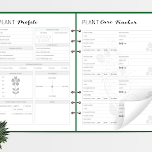 May include: A green and white planner with the words "PLANT Profile" and "PLANT Care Tracker" on the cover. The planner has sections for plant care information, including watering, fertilizing, light requirements, and propagation methods. There are also sections for tracking plant growth and care.