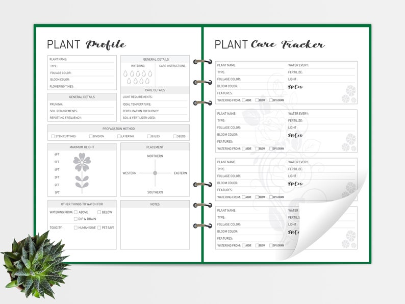 May include: A green and white planner with the words "PLANT Profile" and "PLANT Care Tracker" on the cover. The planner has sections for plant care information, including watering, fertilizing, light requirements, and propagation methods. There are also sections for tracking plant growth and care.