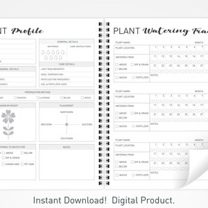 May include: A printable plant profile and watering tracker. The profile includes sections for plant name, type, foliage color, bloom color, flowering times, general details, care instructions, light requirements, ideal temperature, fertilization frequency, soil requirements, and propagation method. The watering tracker includes sections for plant name, plant location, watering from, notes, water, and fertilizer. The tracker has a grid for each month of the year.