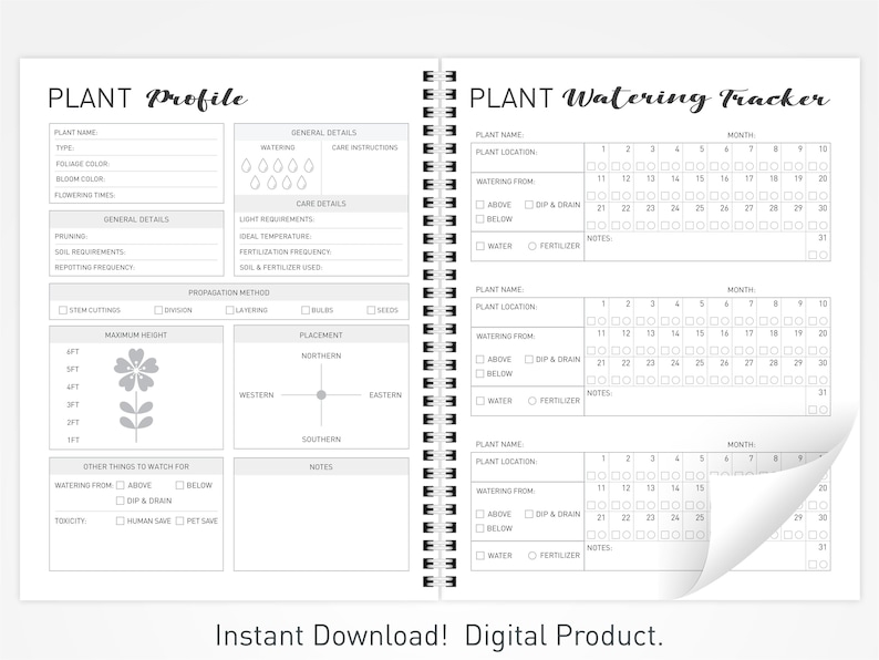 May include: A printable plant profile and watering tracker. The profile includes sections for plant name, type, foliage color, bloom color, flowering times, general details, care instructions, light requirements, ideal temperature, fertilization frequency, soil requirements, and propagation method. The watering tracker includes sections for plant name, plant location, watering from, notes, water, and fertilizer. The tracker has a grid for each month of the year.