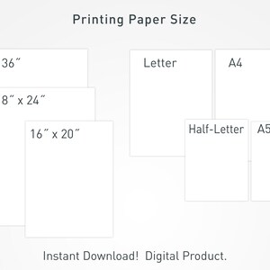 May include: A white chart titled Printing Paper Size displaying various rectangular paper formats. The left side lists 24" x 36", 18" x 24", and 16" x 20". The right side shows Letter, A4, Half-Letter, and A5. Text includes Instant Download! Digital Product.