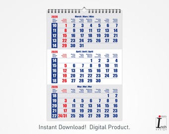 2026 Printable Wall Calendar for Spiral Bound With 3 Months per