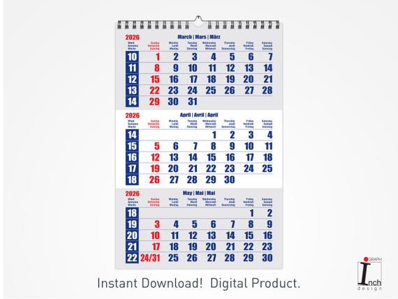2026 Printable Wall Calendar for Spiral Bound With 3 Months per
