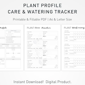 May include: Printable plant care and watering tracker in black and white with a floral design. The tracker includes sections for plant name, type, light, watering, and fertilizer. The tracker is available in A4 and letter size.