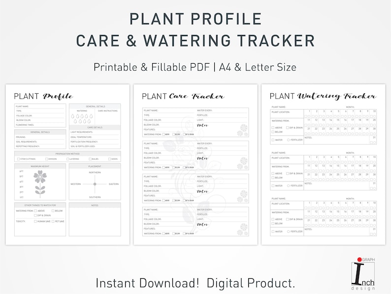May include: Printable plant care and watering tracker in black and white with a floral design. The tracker includes sections for plant name, type, light, watering, and fertilizer. The tracker is available in A4 and letter size.