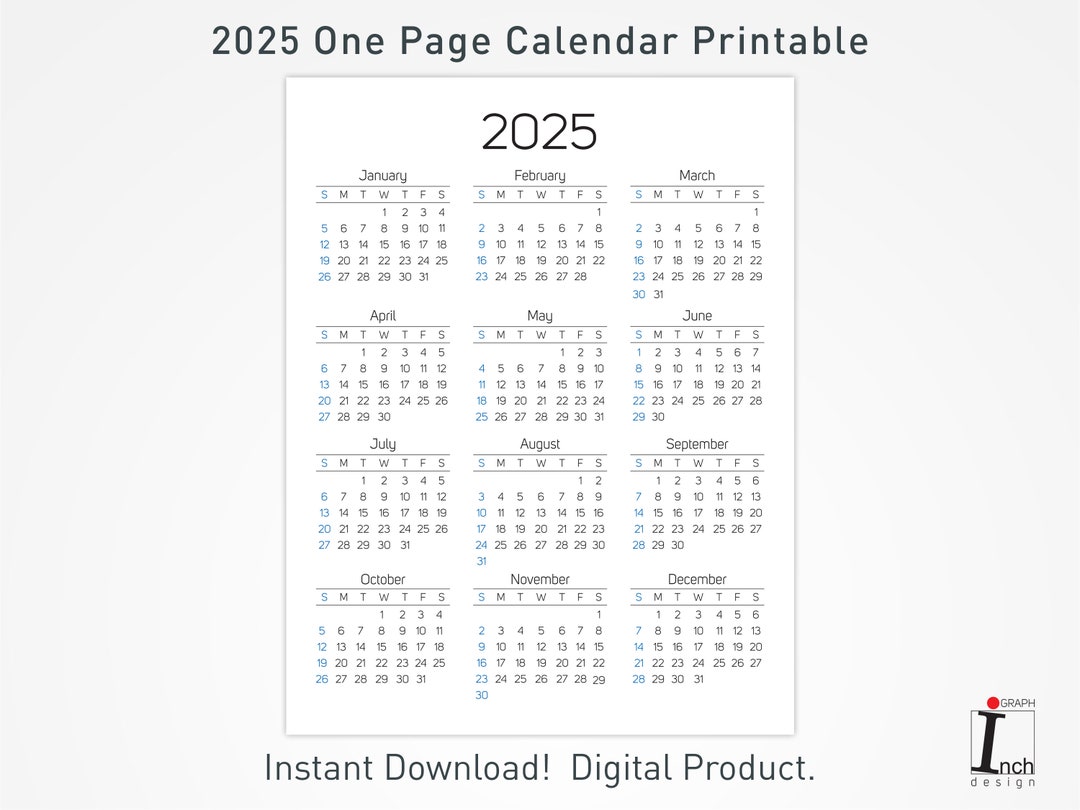 2025 Printable Calendar, 12 Months One Page Calendar, Wall Calendar