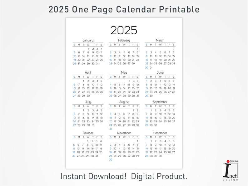 2025 Printable Calendar, 12 Months One Page Calendar, Wall Calendar ...