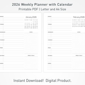 2026 Weekly Planner Printable (PDF) – Minimalist Weekly Organizer with Calendar