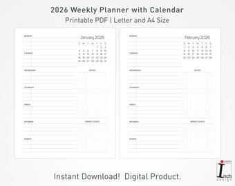 2026 Weekly Planner Printable (PDF) – Minimalist Weekly Organizer with Calendar