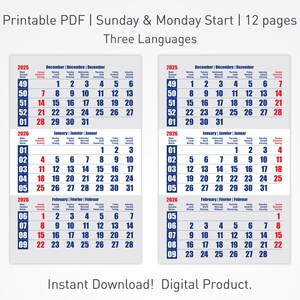 2026 Printable Wall Calendar for Spiral Bound with 3 Months per Page and 3 Languages, Office Calendar for Hanger Hook
