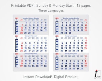 Calendario da parete stampabile 2026 con rilegatura a spirale, 3 mesi per pagina e 3 lingue, calendario da ufficio per gancio appendiabiti