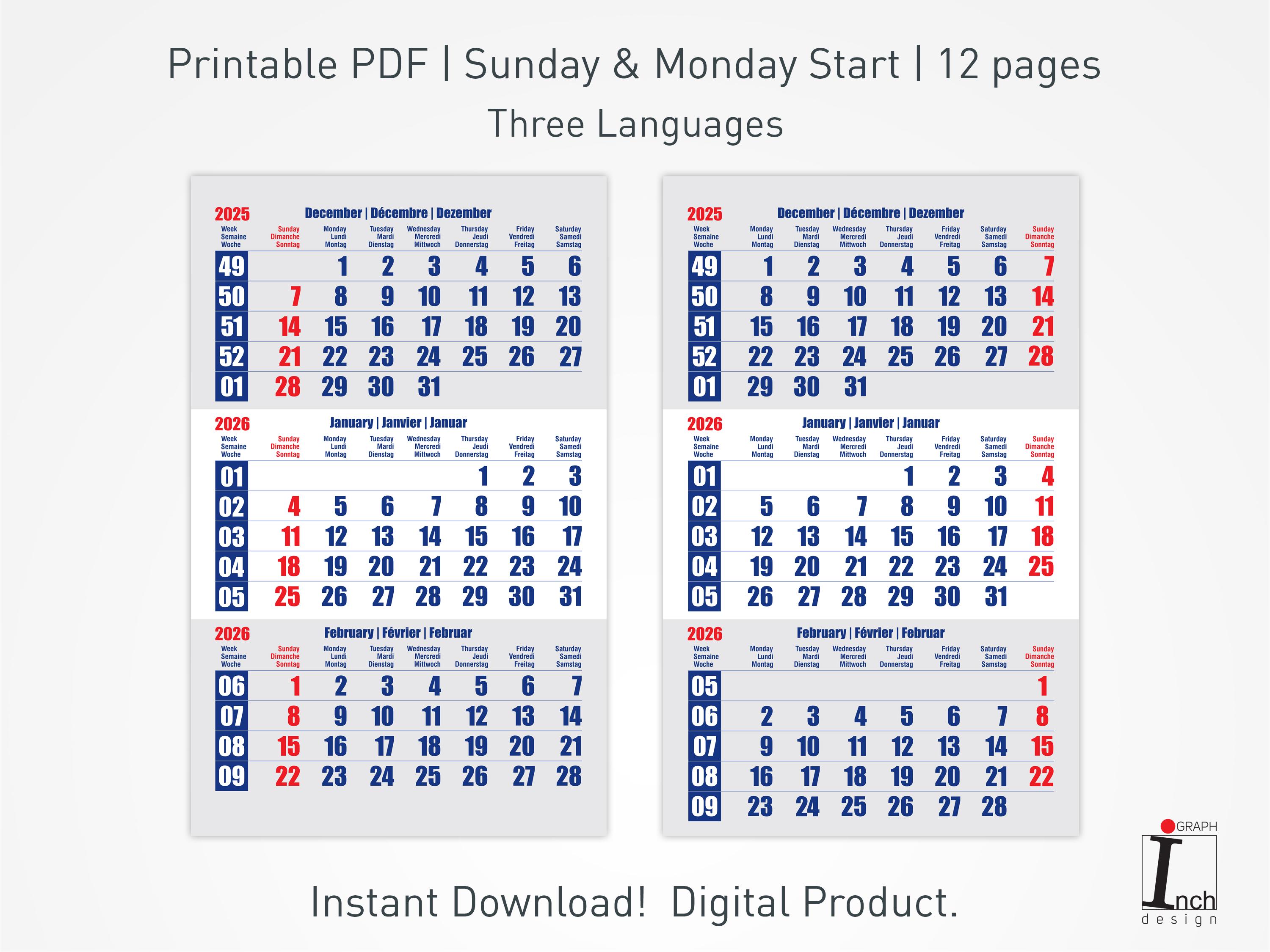 2026 Printable Wall Calendar for Spiral Bound With 3 Months per