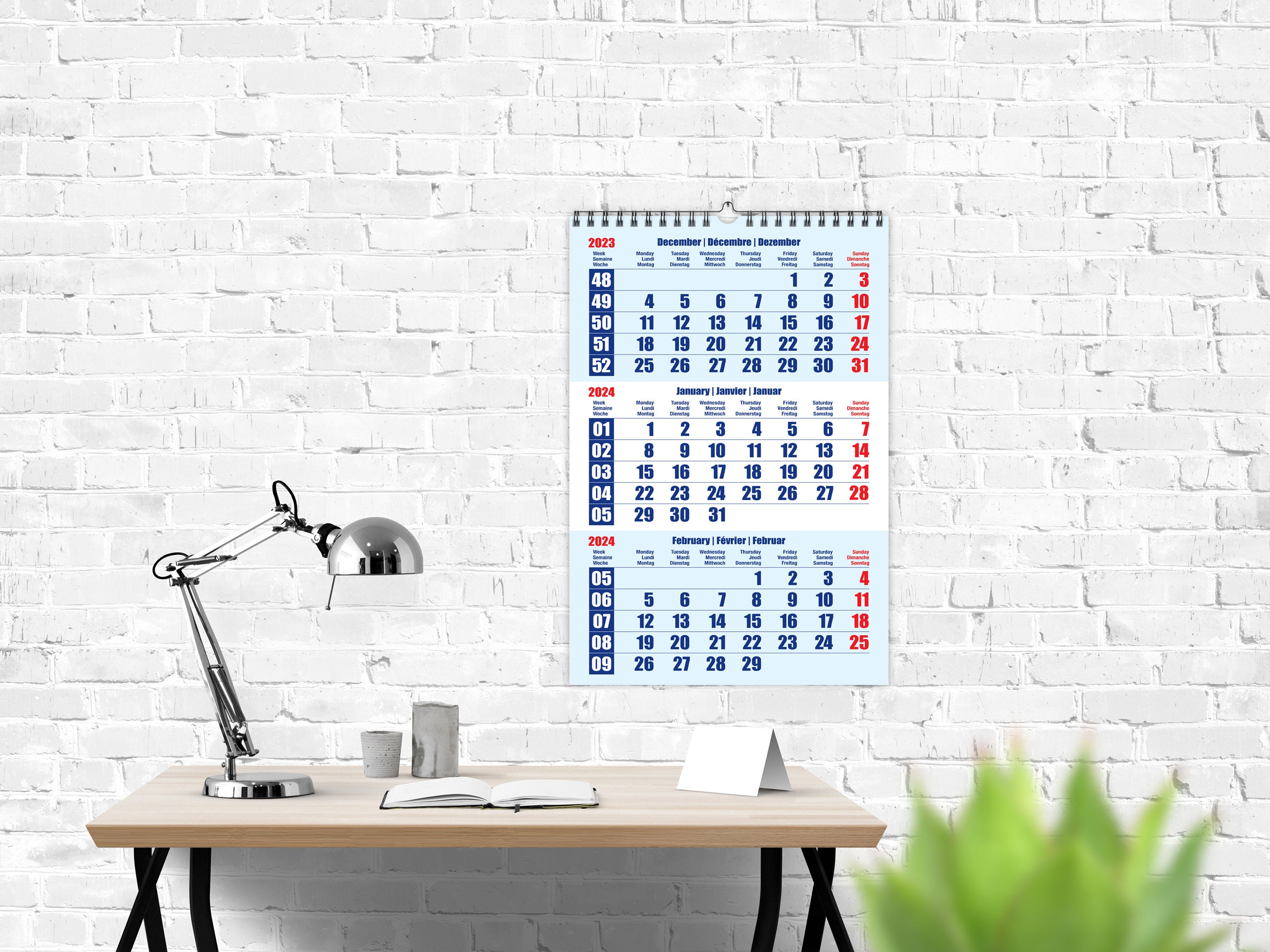 2024 Printable Wall Calendar, Spiral Wall Calendar, 3 Months Wall