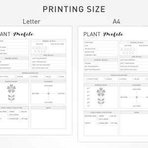 May include: Printable plant profile pages in letter and A4 sizes. The pages include sections for plant name, type, foliage color, bloom color, flowering time, general details, care details, propagation method, maximum height, placement, and other things to watch for.