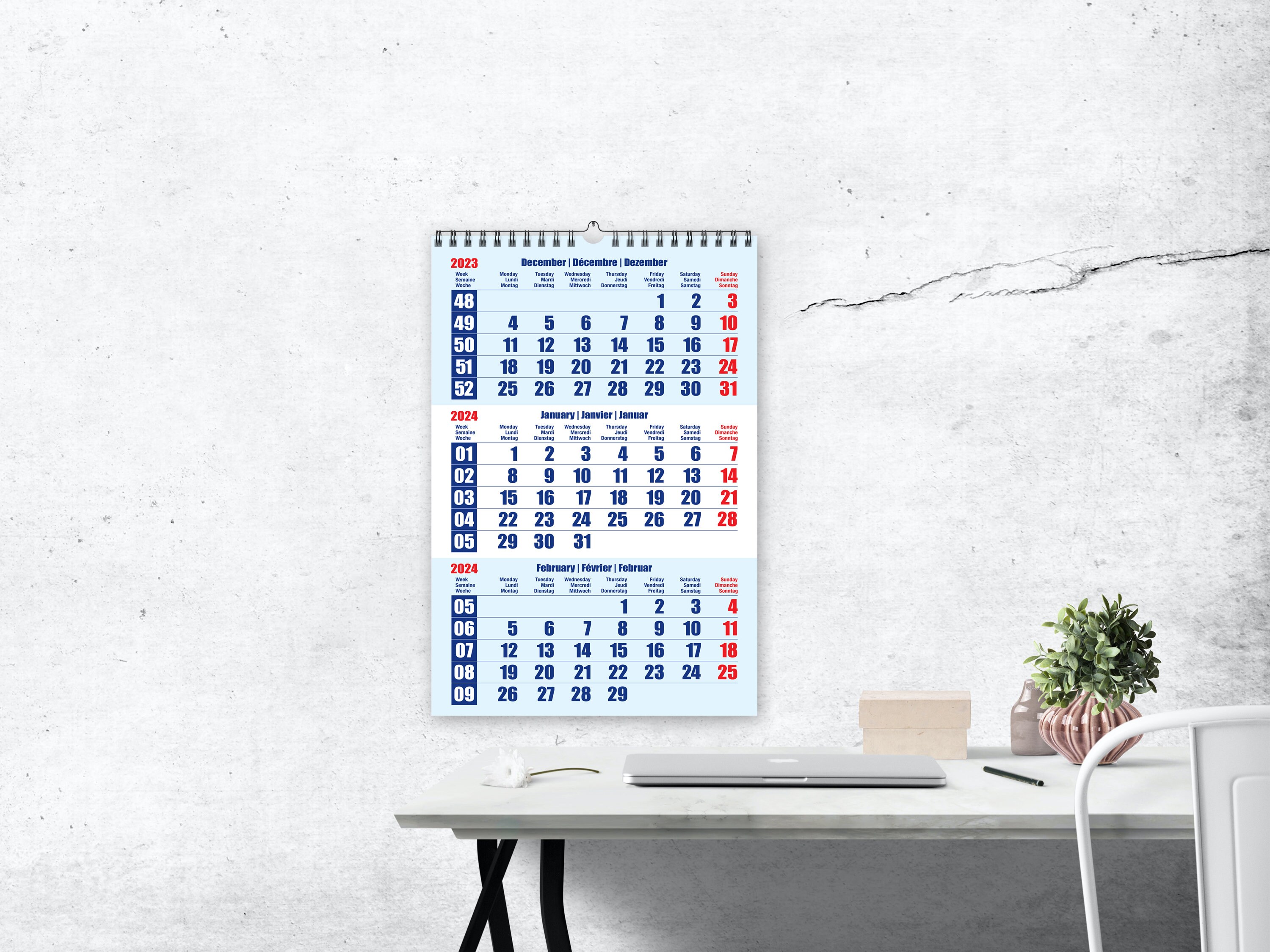 2024 Printable Wall Calendar, Spiral Wall Calendar, 3 Months Wall