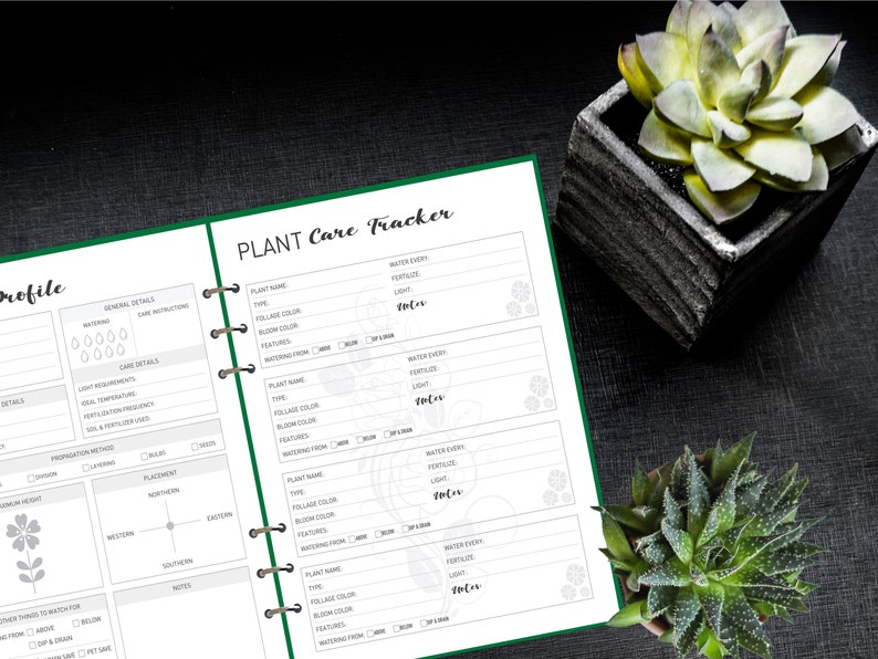 May include: A green and white planner with the title "PLANT Care Tracker" on the cover. The planner has sections for plant name, type, foliage color, bloom color, features, watering from, water every, fertilize, light, and notes.