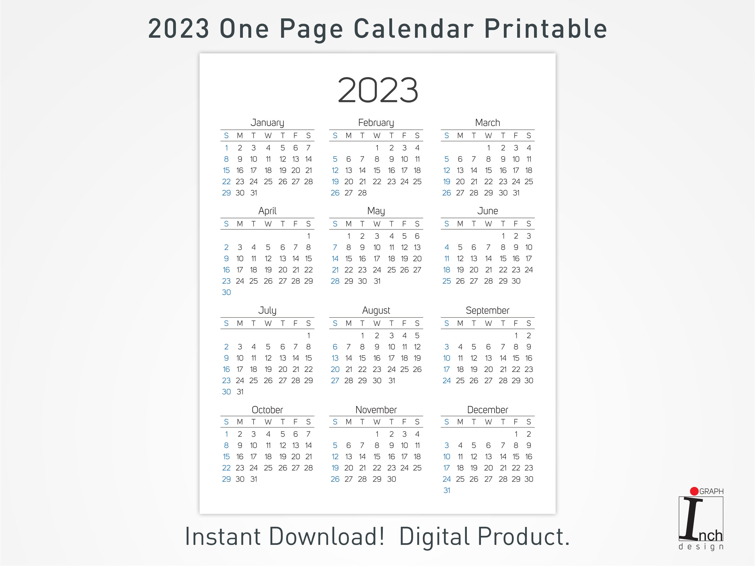 2023 Printable Calendar 12 Months One Page Calendar Wall - Etsy