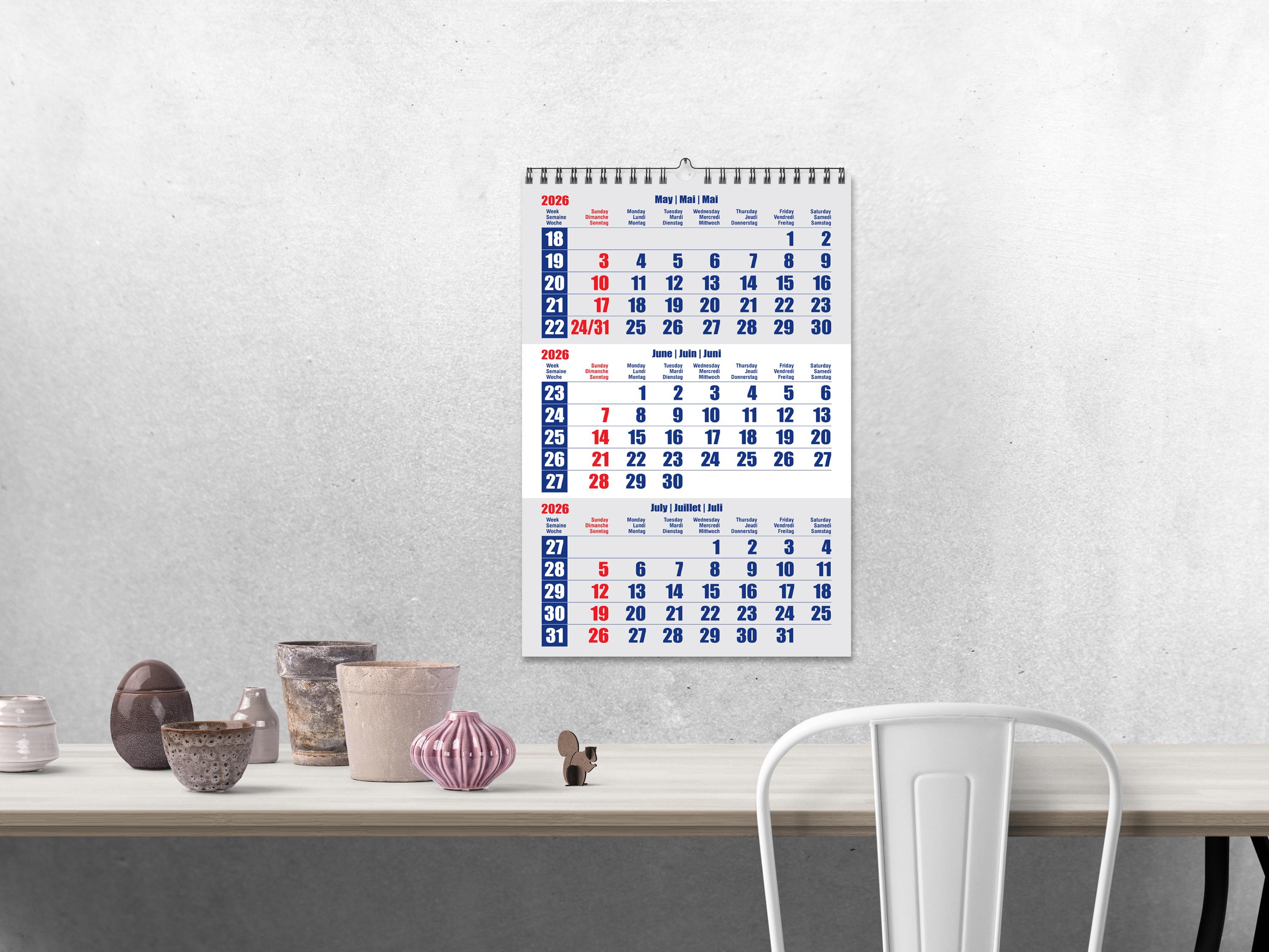 2026 Printable Wall Calendar for Spiral Bound With 3 Months per