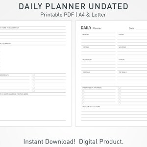 Printable Daily Planner Undated, Minimalist Daily Planner Inserts, Printable Daily Planner Pages, Daily Schedule, Daily Planning Organizer