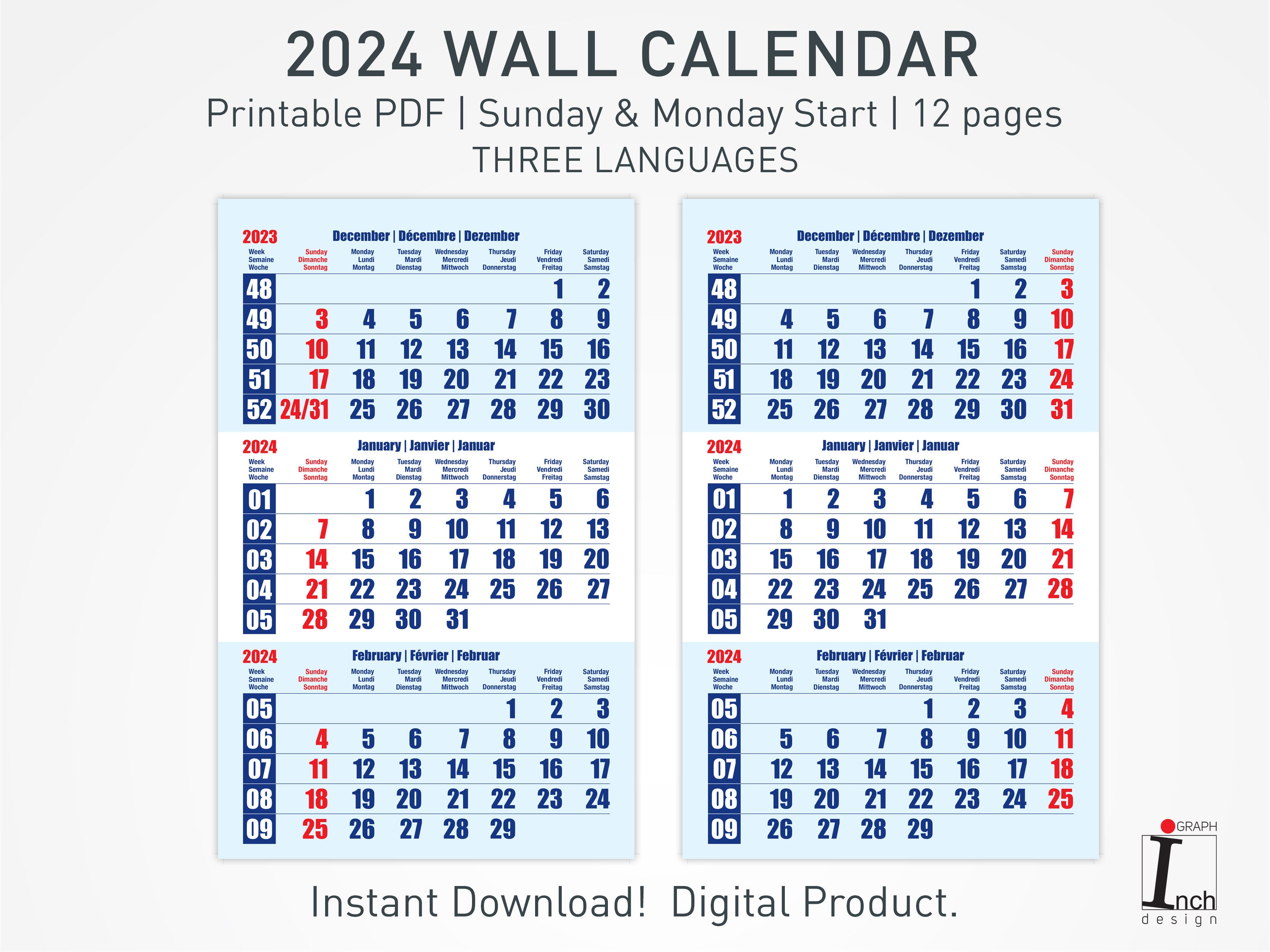 2024 Printable Wall Calendar Spiral Wall Calendar 3 Months Etsy