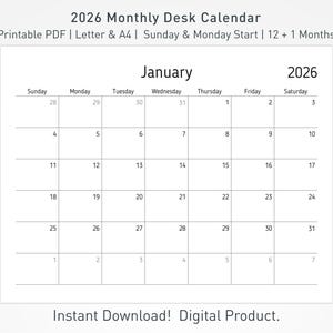 2026 Printable Desk Calendar | Minimalist Calendar | Monthly Planner | Student Organizer image 1