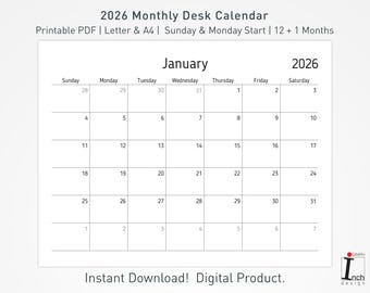 Calendario da tavolo stampabile 2026 / Calendario minimalista / Planner mensile / Organizzatore per studenti