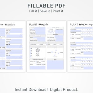 May include: Printable plant care tracker, profile, and watering log. The pages are light blue with gray text and icons. The text includes "PLANT Care Tracker", "PLANT Profile", and "PLANT Watering Tracker".