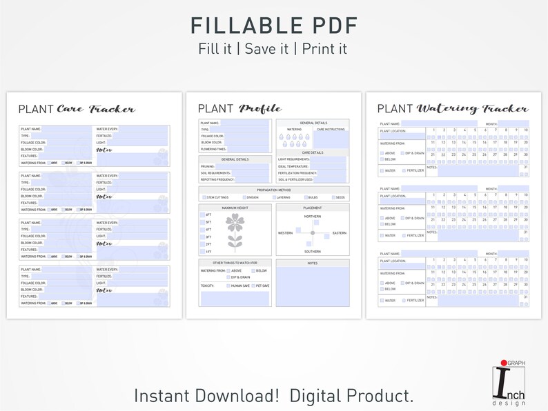 May include: Printable plant care tracker, profile, and watering log. The pages are light blue with gray text and icons. The text includes "PLANT Care Tracker", "PLANT Profile", and "PLANT Watering Tracker".