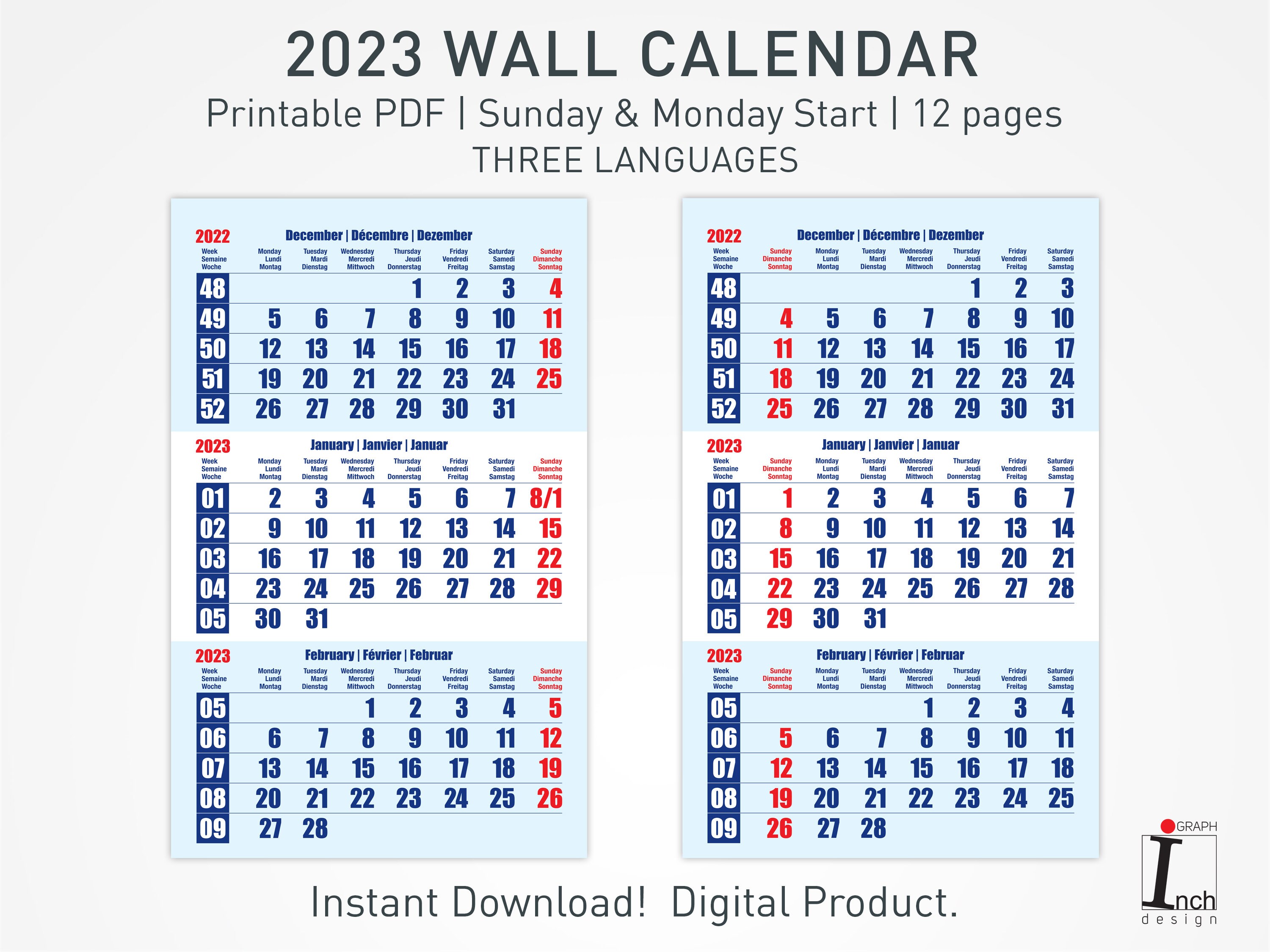 2023 Printable Wall Calendar Spiral Wall Calendar 3 Months - Etsy